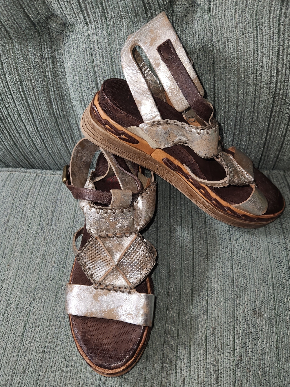 🍉A.S.98 Lagos Metallic Silver and Brown Leather Wedge Sandals - Picture 5 of 6